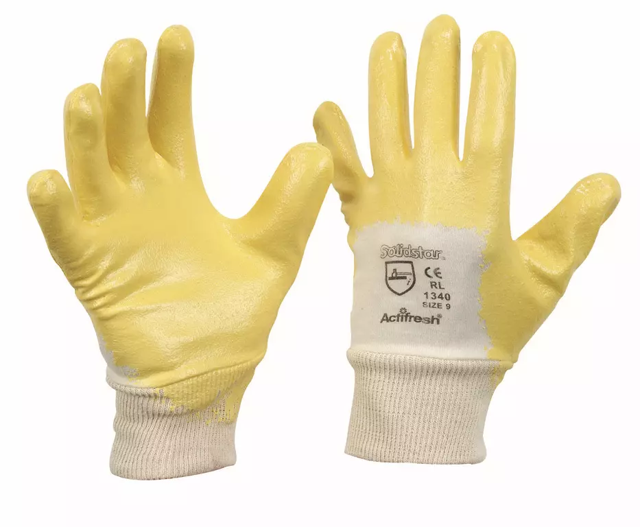 Richard Leipold 1340, Solidstar Yellow Nitrile Glove with Knitted Cuff and Partially Coated Back, CE CAT 2, image 1
