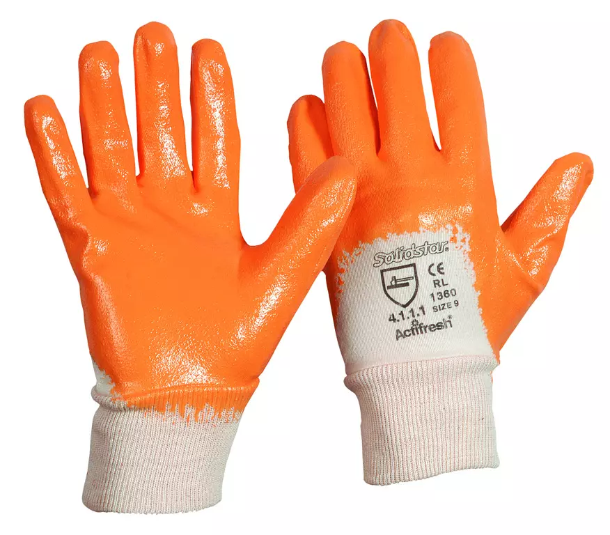 Richard Leipold 1360, Solidstar Nitrile TOP Glove Orange Knit Wrist Partially Coated Back CE CAT 2, image 1