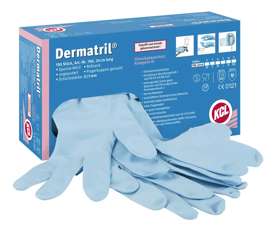 Honeywell 800740, Dermatril 740 Nitrile, Rolled Edge, Textured Fingertips, Powder-Free, 24-26cm, Blue, image 1