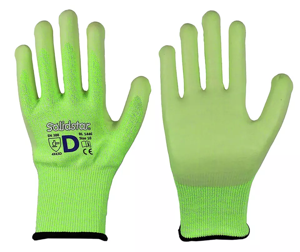 Richard Leipold 1446, Solidstar Cut Protection Glove Neon Transparent Nitrile Foam Coating Level D, image 1, gallery thumbnail