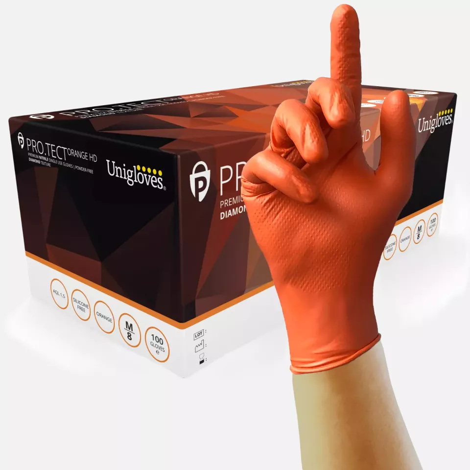 Unigloves GA005, PRO.TECT Heavy duty orange diamond grip nitrile gloves, image 1, gallery thumbnail