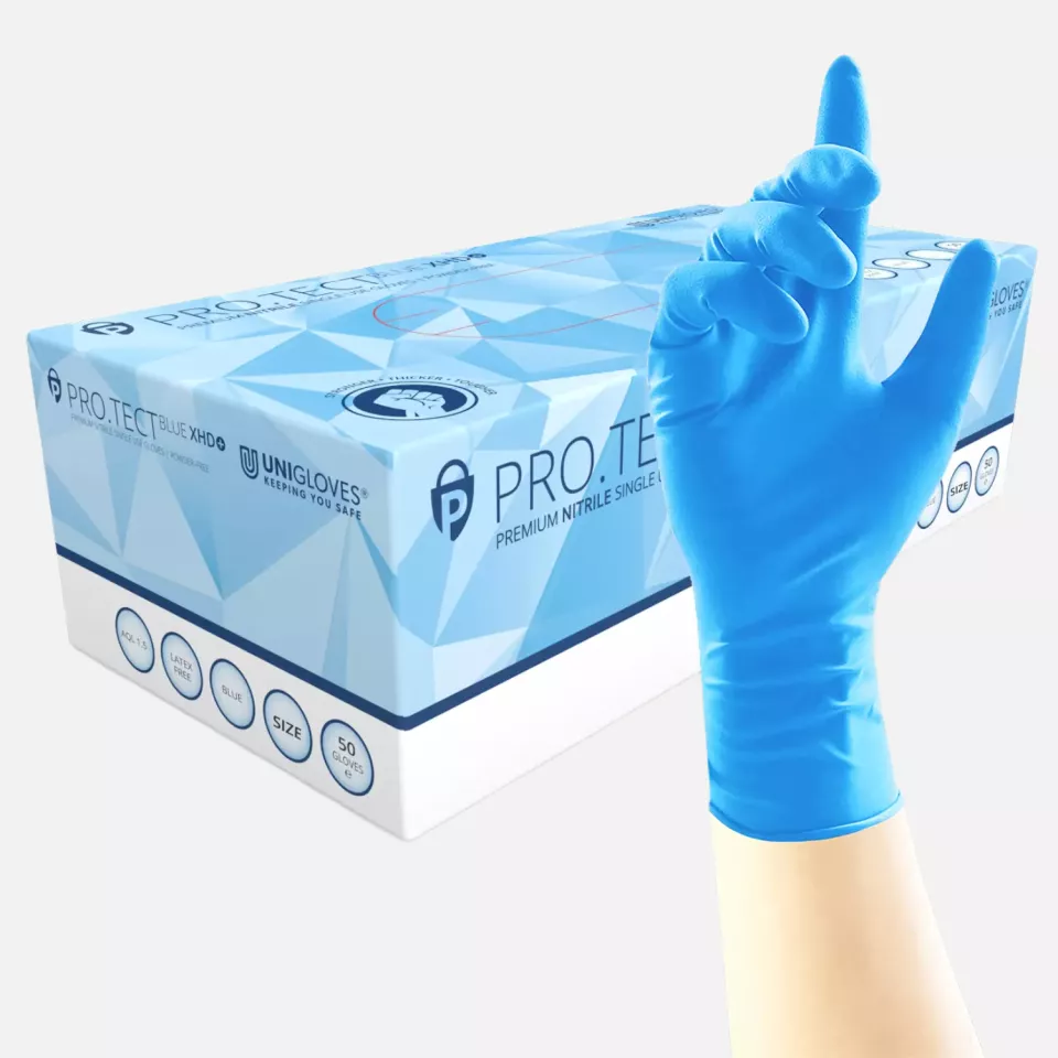 Unigloves GA010, PRO.TECT Heavy duty extended cuff blue nitrile gloves, image 1, gallery thumbnail