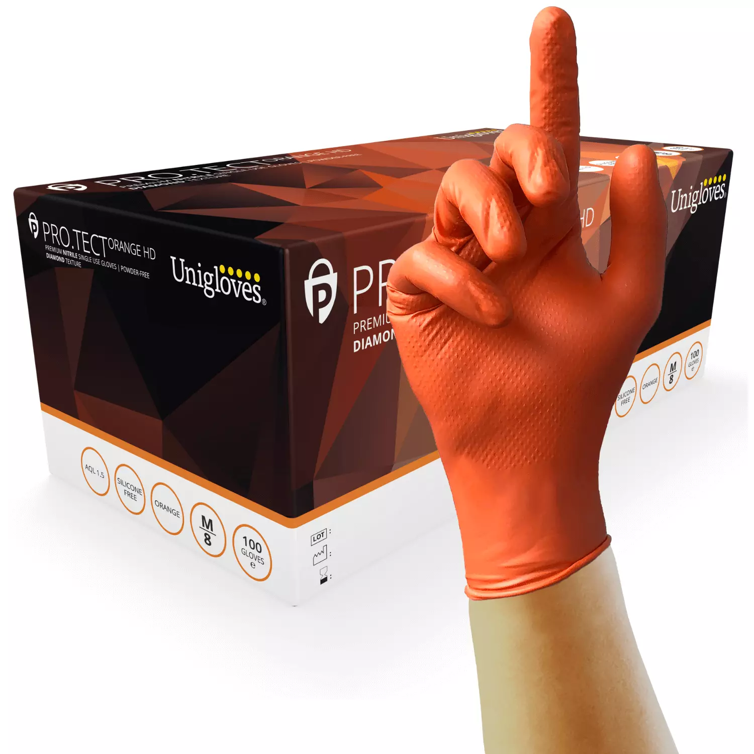Unigloves GA005, PRO.TECT Heavy duty orange diamond grip nitrile gloves, image 1