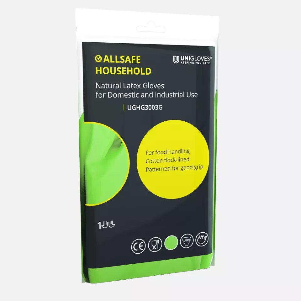 Unigloves UGHG300G, Allsafe Green latex household gloves, image 1, gallery thumbnail