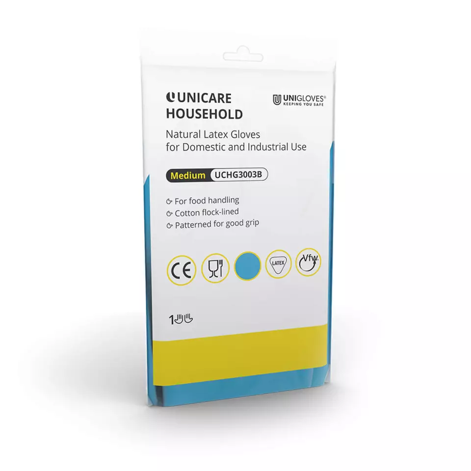 Unigloves UCHG300B, Unicare Blue latex household gloves, image 1, gallery thumbnail
