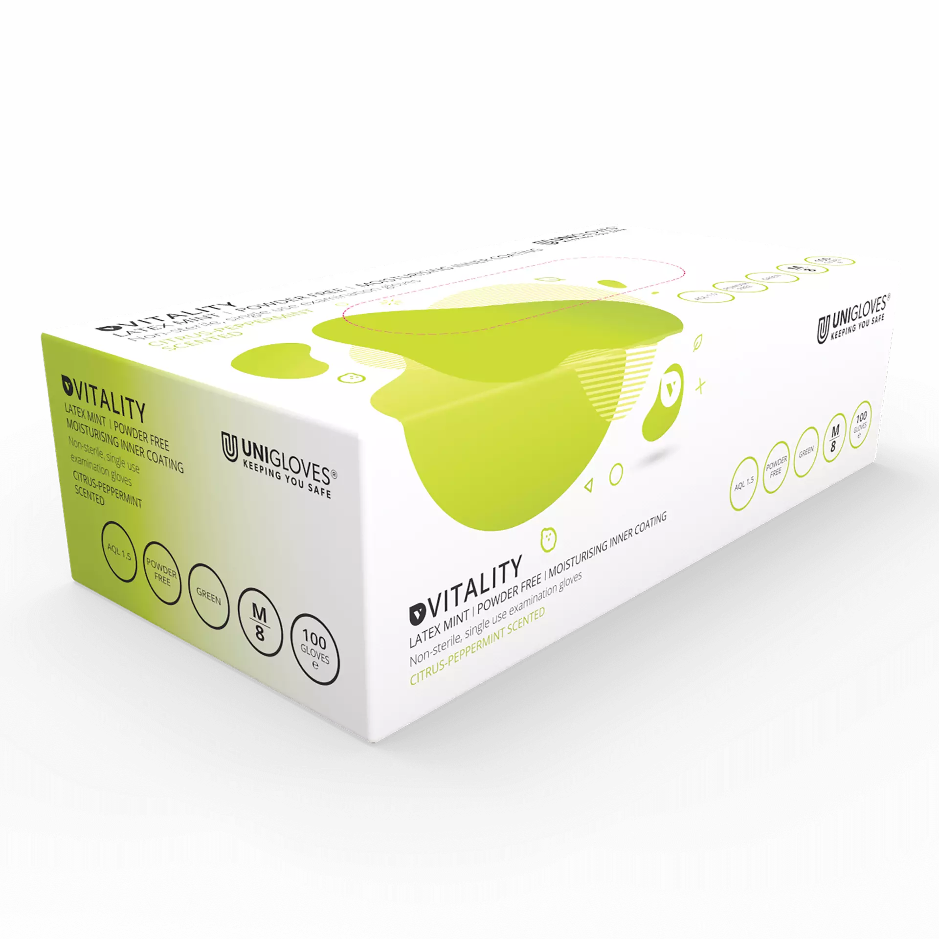 Unigloves GD001, Vitality Moisturising mint scented latex gloves