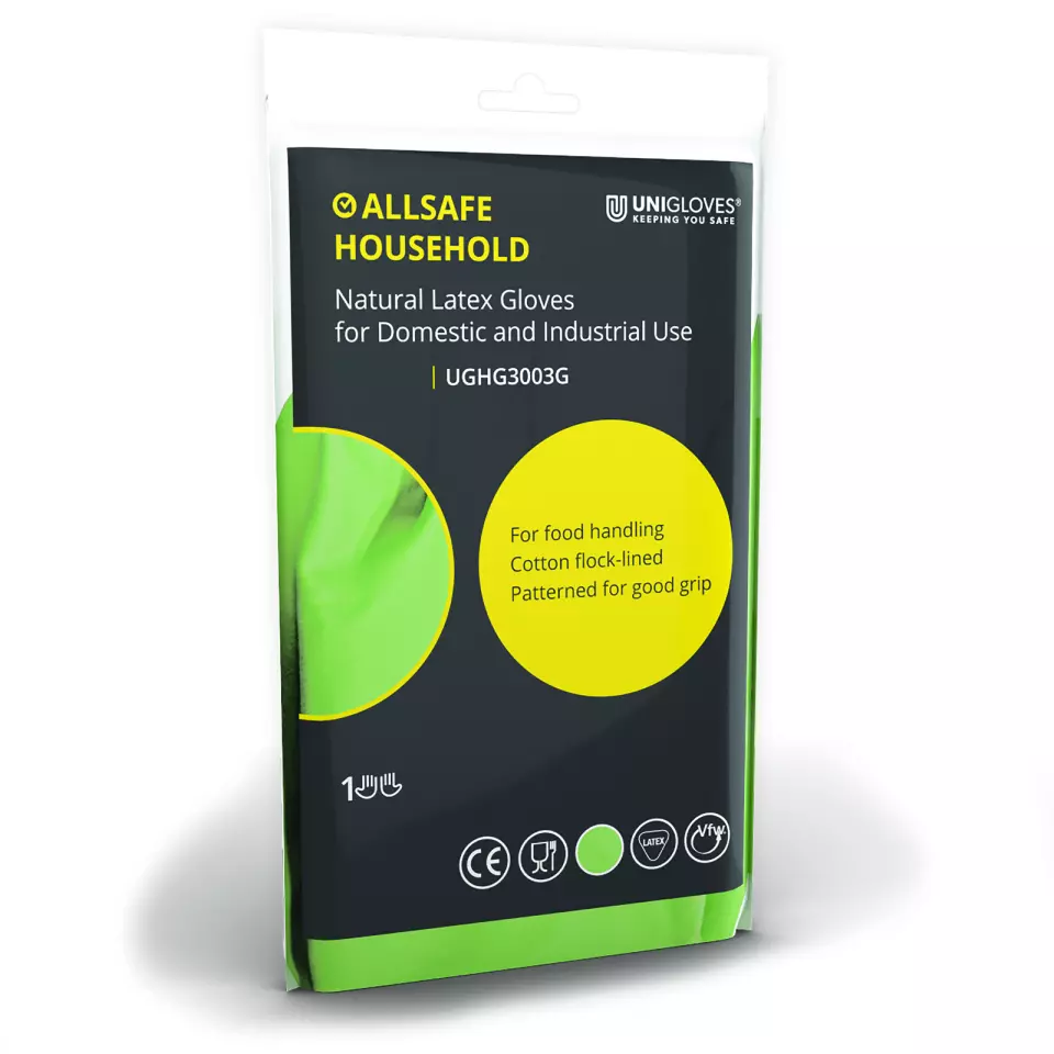 Unigloves UGHG300G, Allsafe Green latex household gloves, image 1, gallery thumbnail