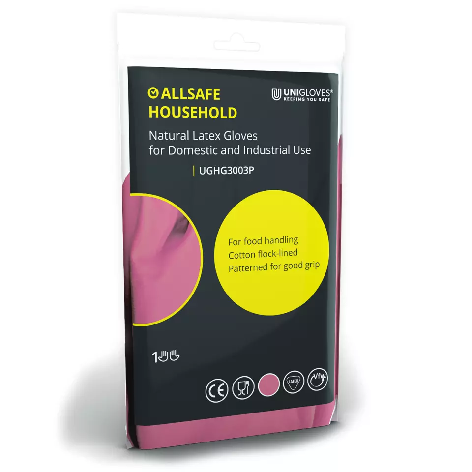 Unigloves UGHG300P, Allsafe Pink latex household gloves, image 1, gallery thumbnail