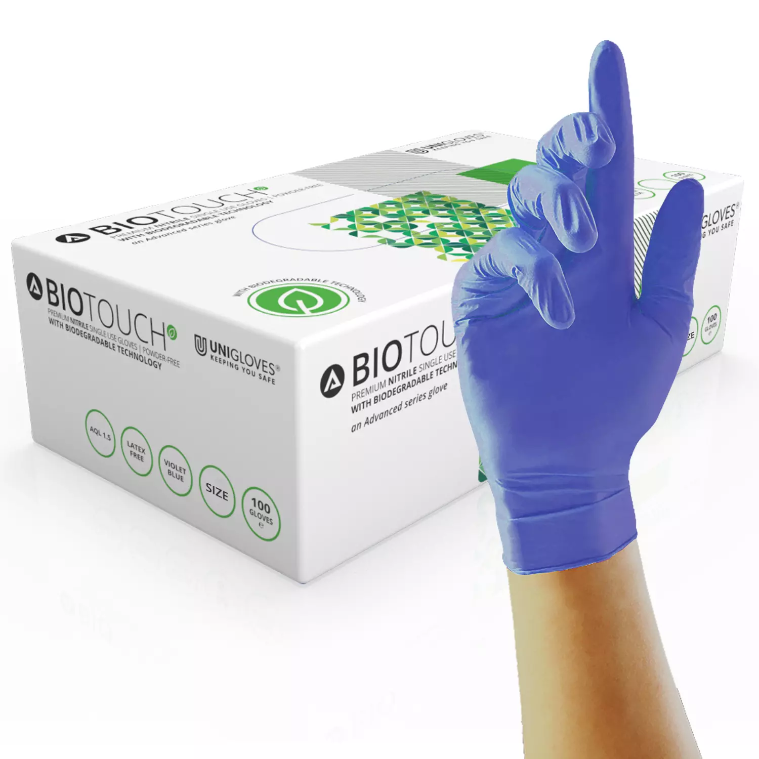 Unigloves GM008, Advanced Biodegradable blue nitrile gloves, image 1