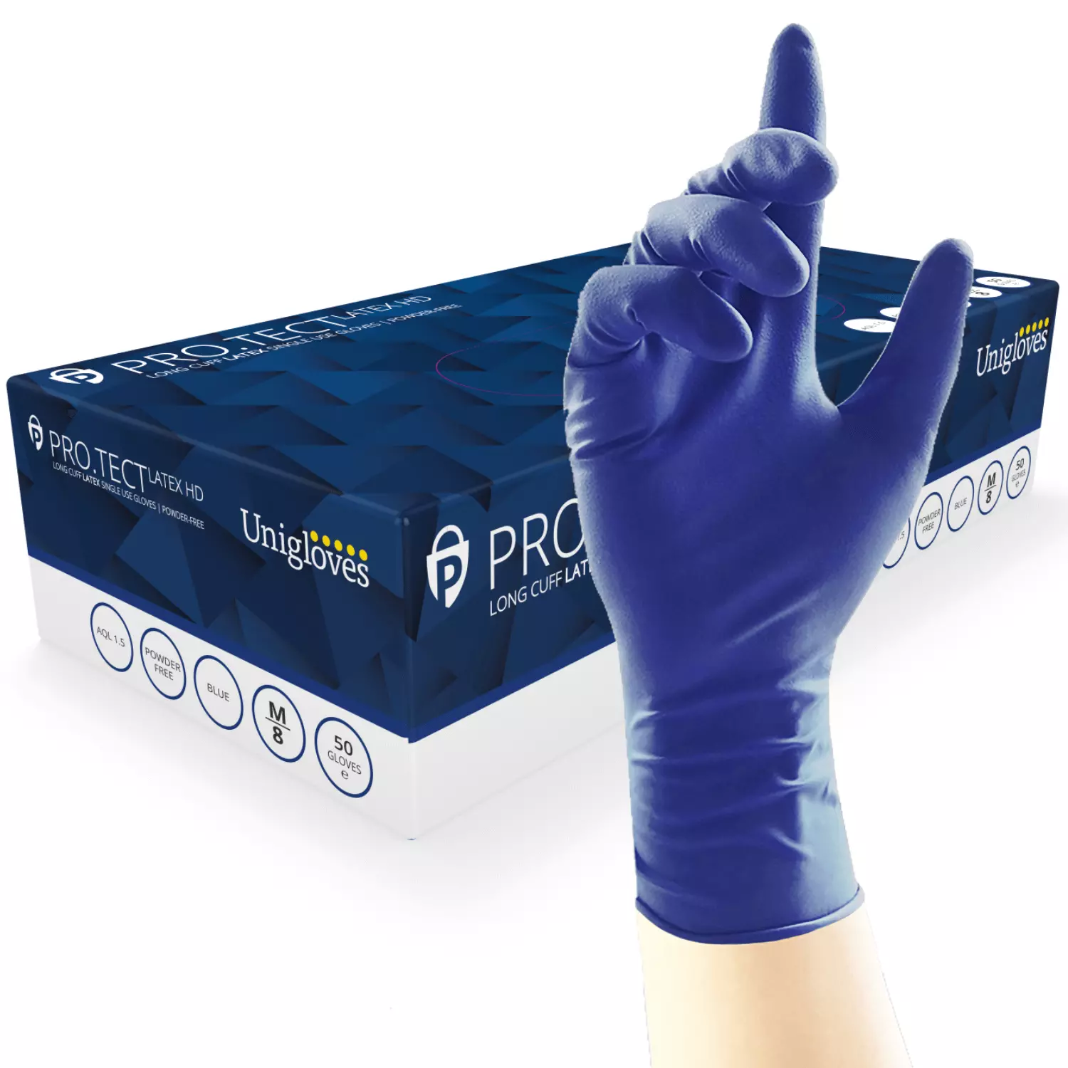 Unigloves GA001, PRO.TECT Heavy duty extended cuff blue latex gloves, image 1