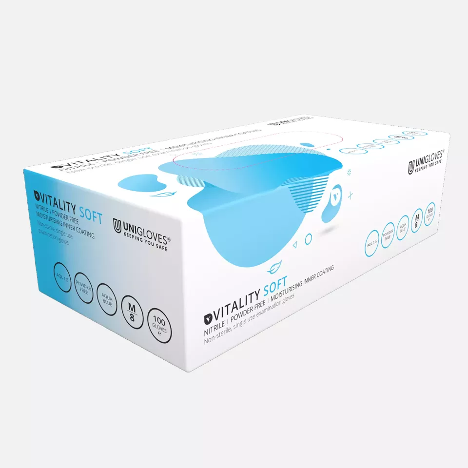 Unigloves GD005, Vitality Moisturising aqua blue nitrile gloves, image 1, gallery thumbnail