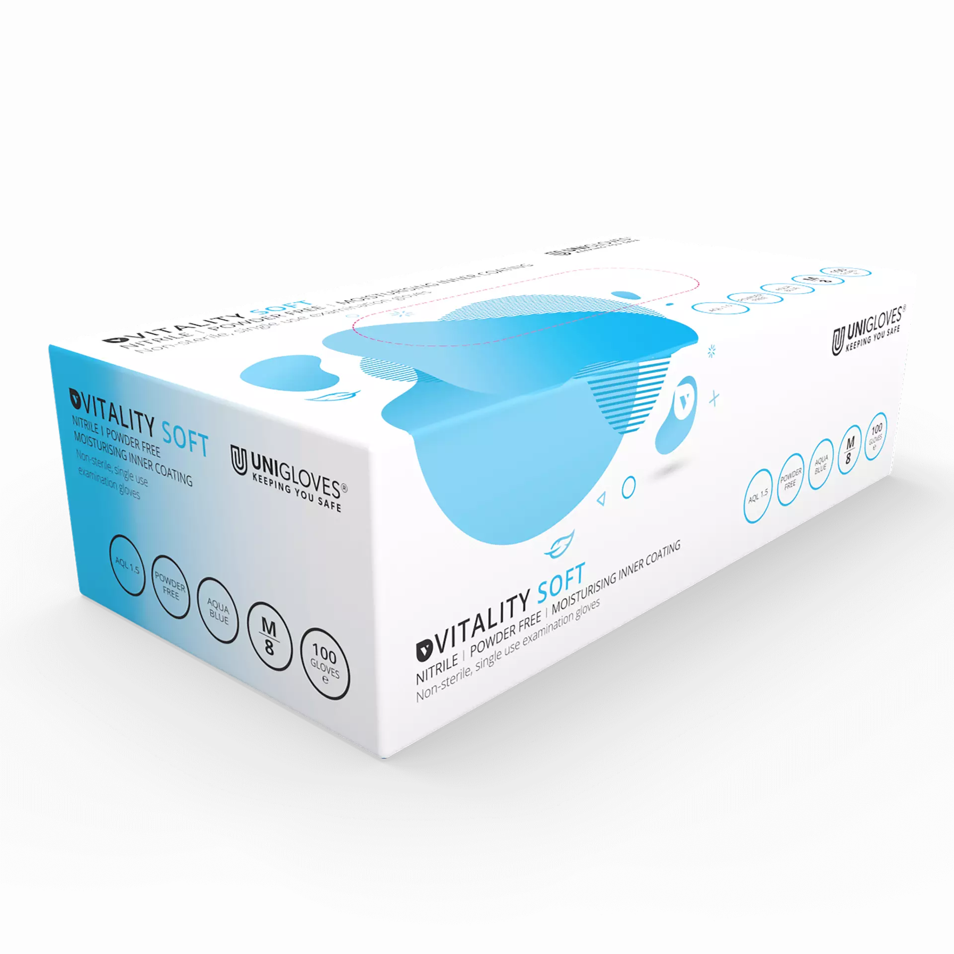 Unigloves GD005, Vitality Moisturising aqua blue nitrile gloves, image 1