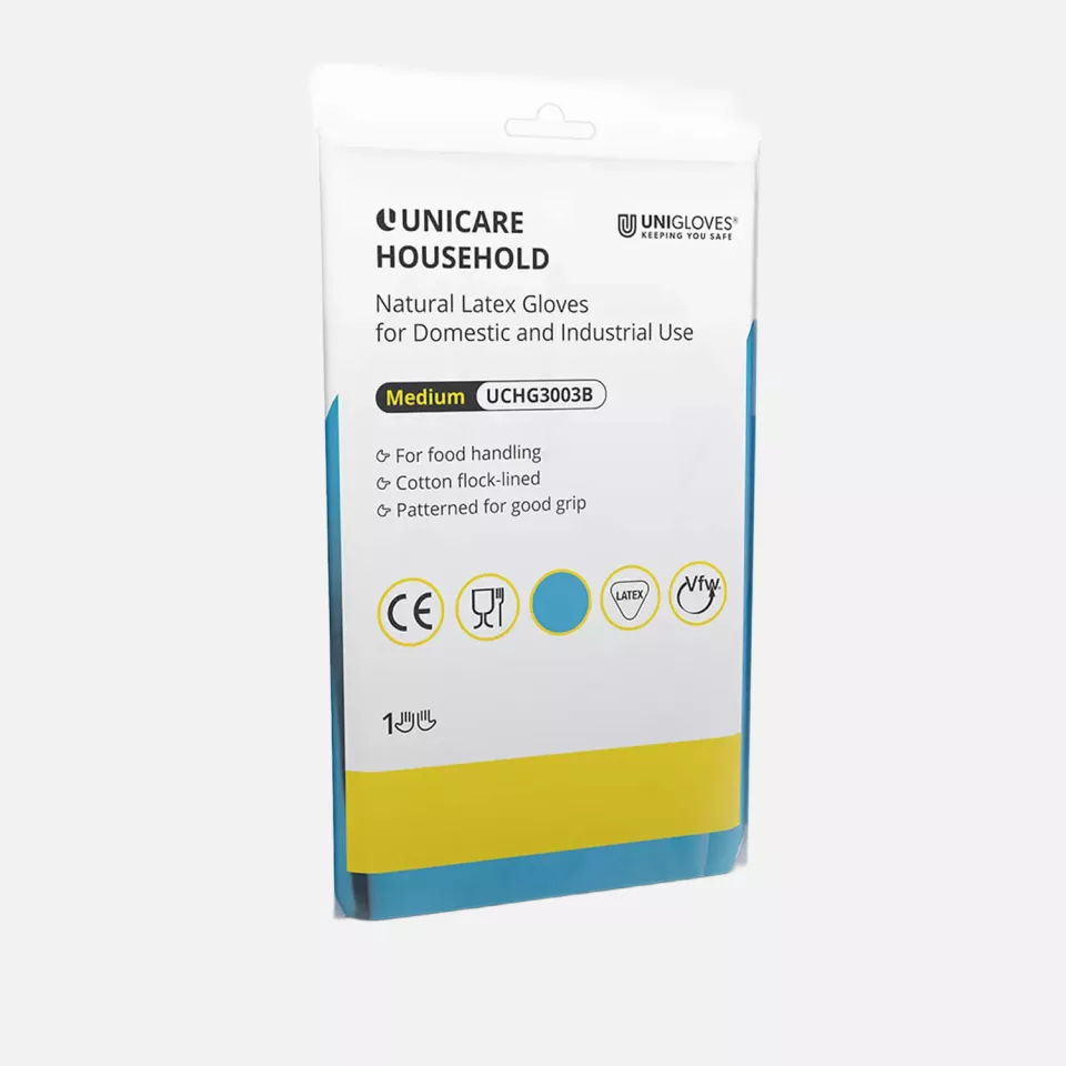 Unigloves UCHG300B, Unicare Blue latex household gloves, image 1, gallery thumbnail