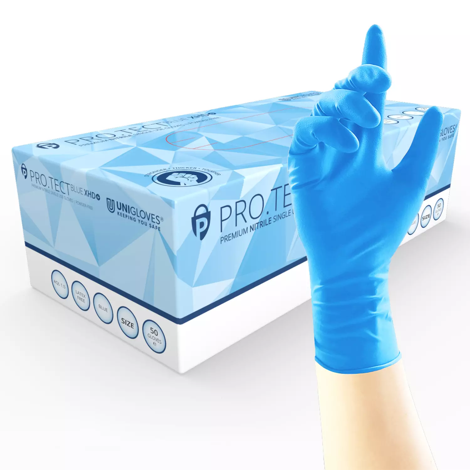 Unigloves GA010, PRO.TECT Heavy duty extended cuff blue nitrile gloves, image 1