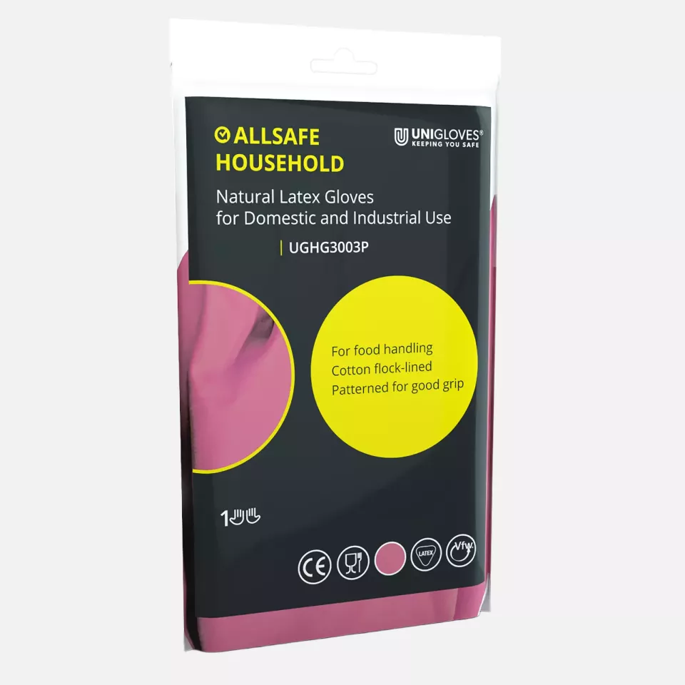 Unigloves UGHG300P, Allsafe Pink latex household gloves, image 1, gallery thumbnail