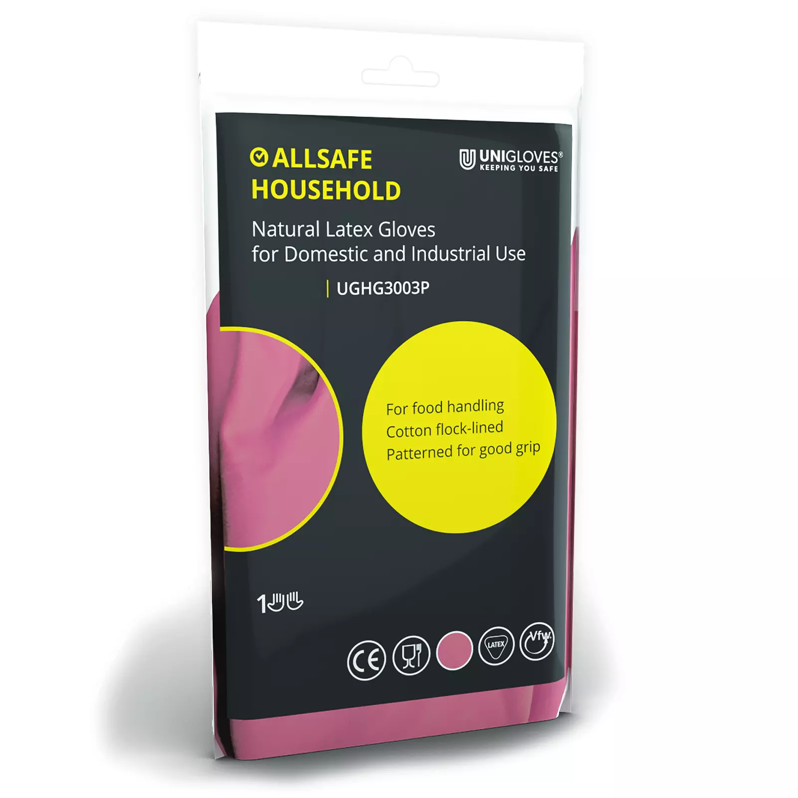 Unigloves UGHG300P, Allsafe Pink latex household gloves, image 1