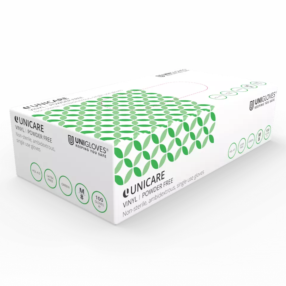 Unigloves GS012, Unicare Green vinyl gloves, image 1, gallery thumbnail