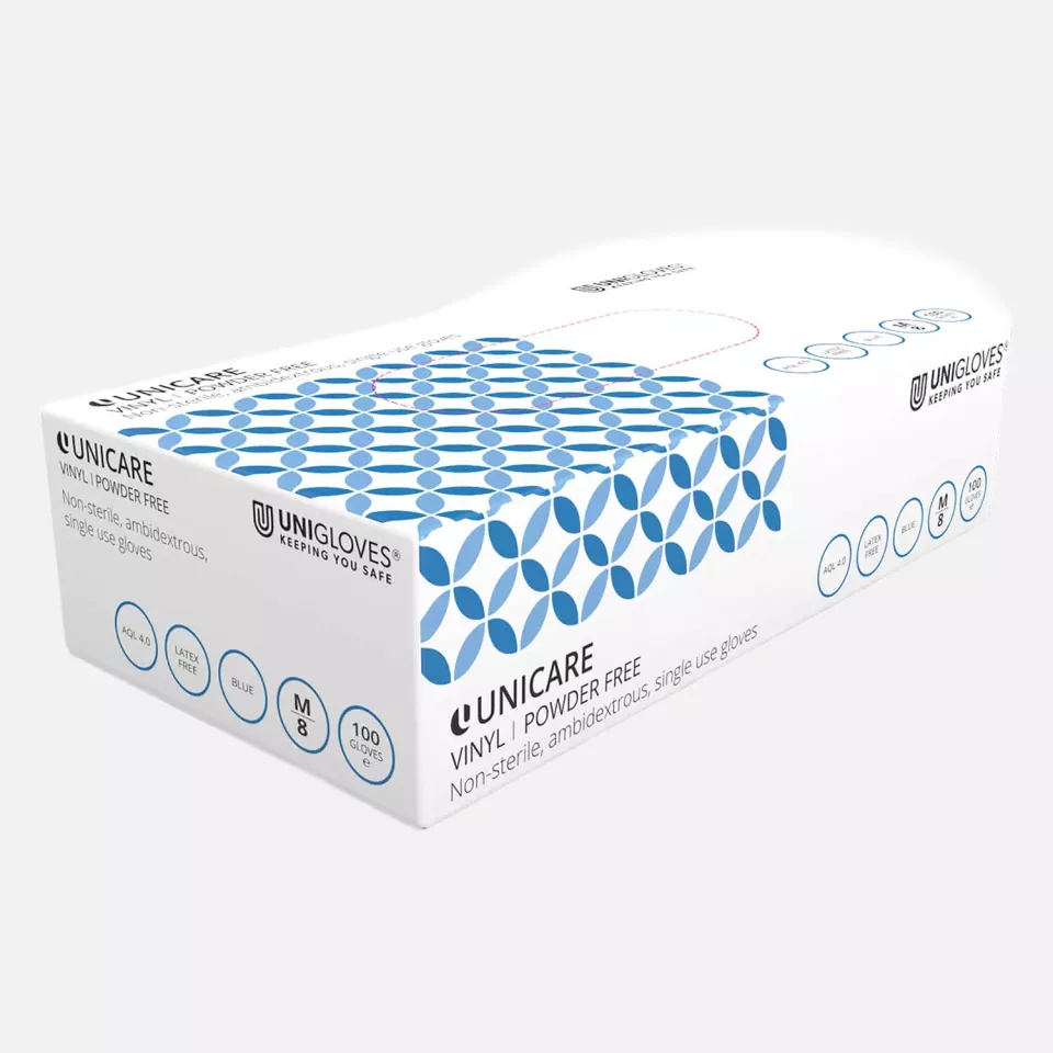 Unigloves GS008, Unicare Blue vinyl gloves, image 1, gallery thumbnail