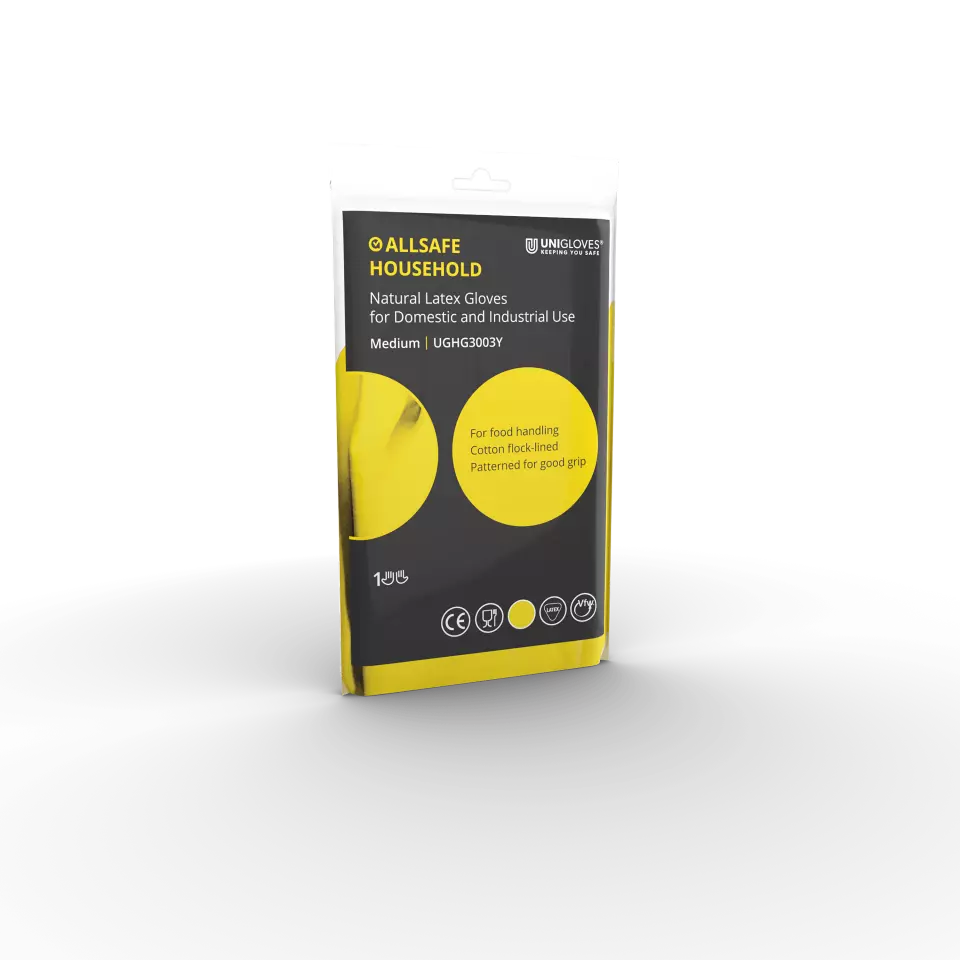 Unigloves UGHG300Y, Allsafe Yellow latex household gloves, image 1, gallery thumbnail