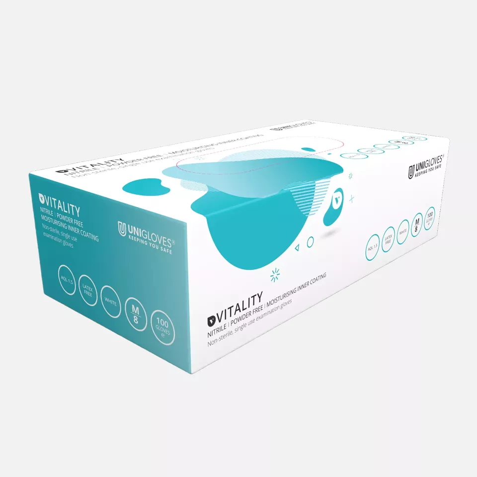 Unigloves GD003, Vitality Moisturising white nitrile gloves, image 1, gallery thumbnail