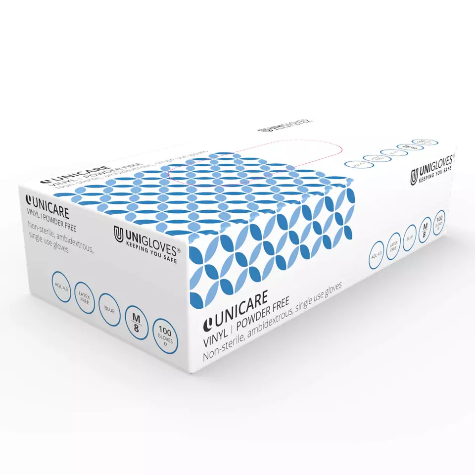 Unigloves GS008, Unicare Blue vinyl gloves, image 1, gallery thumbnail