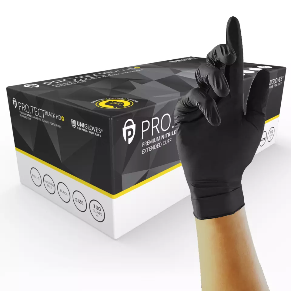 Unigloves GA007, PRO.TECT Heavy duty extended cuff black nitrile gloves, image 1, gallery thumbnail