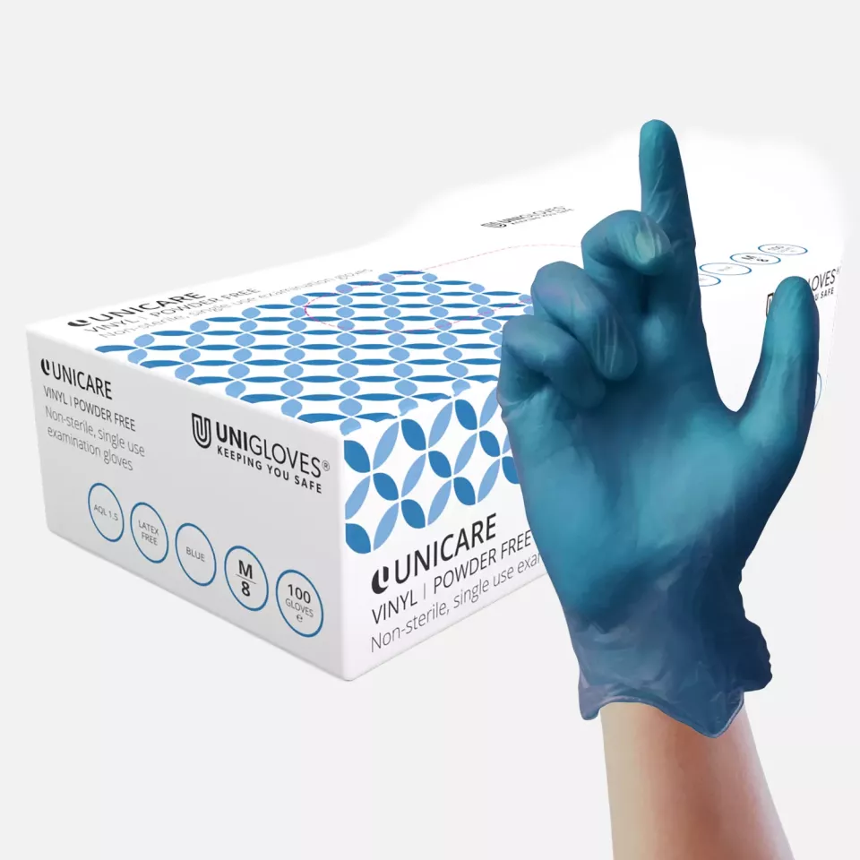 Unigloves GS008-A, Unicare Blue vinyl gloves, image 1, gallery thumbnail