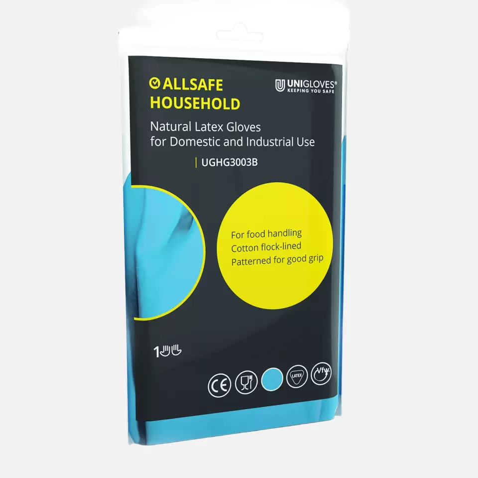 Unigloves UGHG300B, Allsafe Blue latex household gloves, image 1, gallery thumbnail