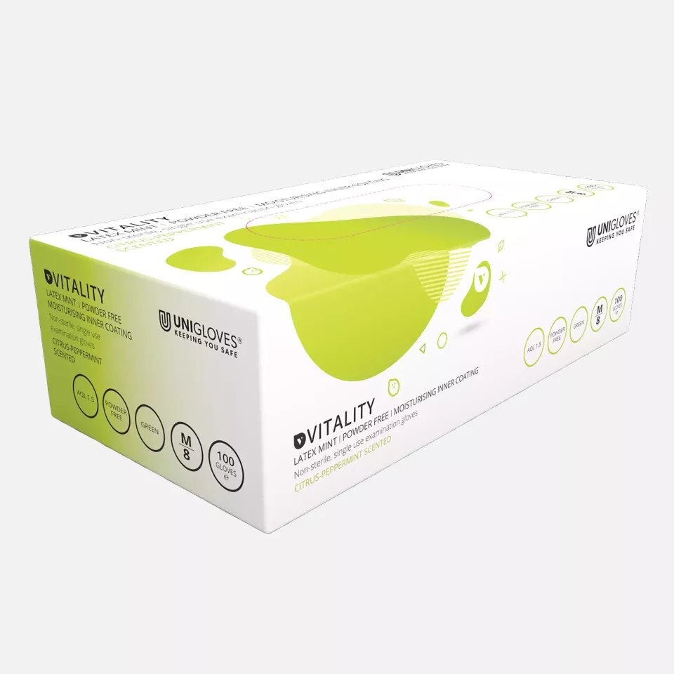 Unigloves GD001, Vitality Moisturising mint scented latex gloves, image 1, gallery thumbnail