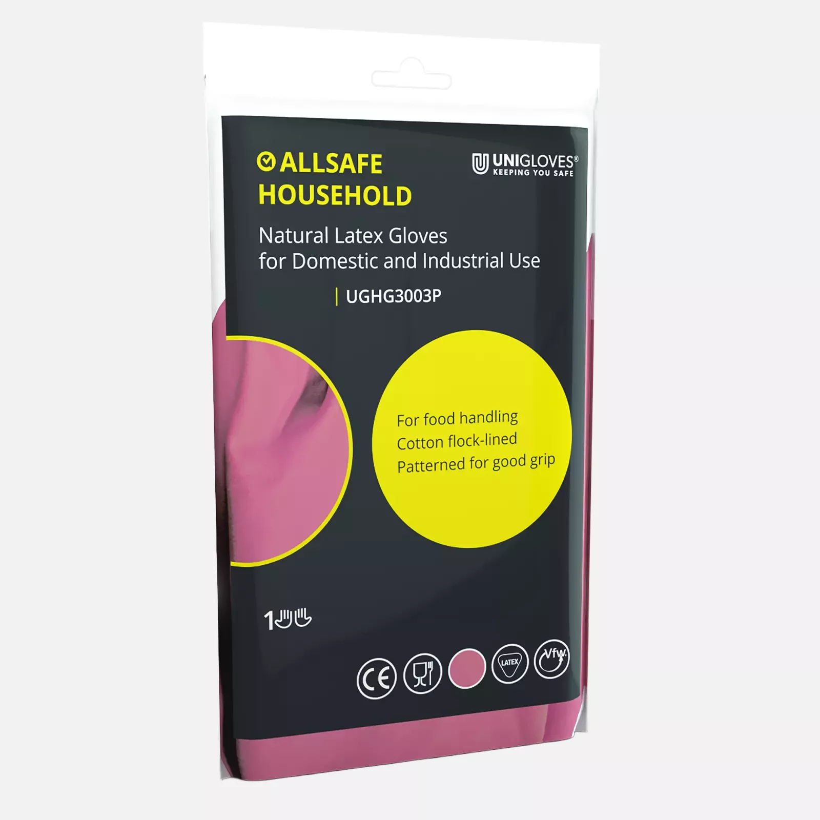 Unigloves UGHG300P, Allsafe Pink latex household gloves, image 1