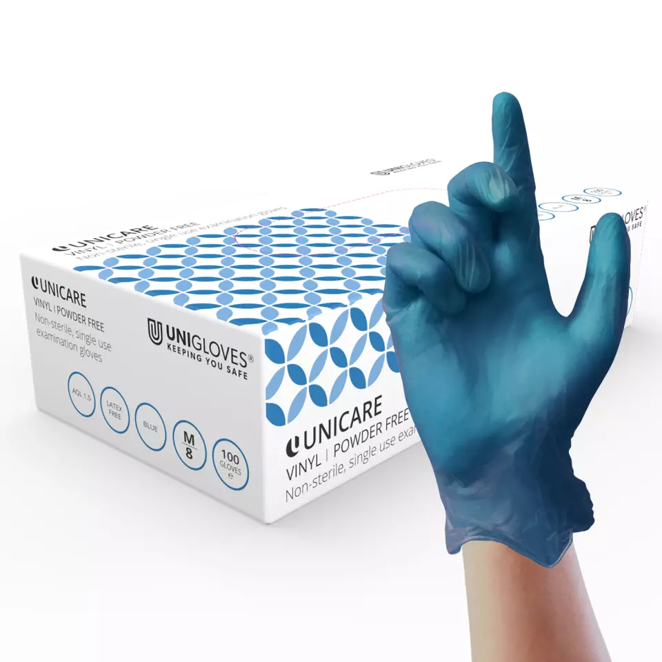 Unigloves GS008-A, Unicare Blue vinyl gloves, image 1, gallery thumbnail