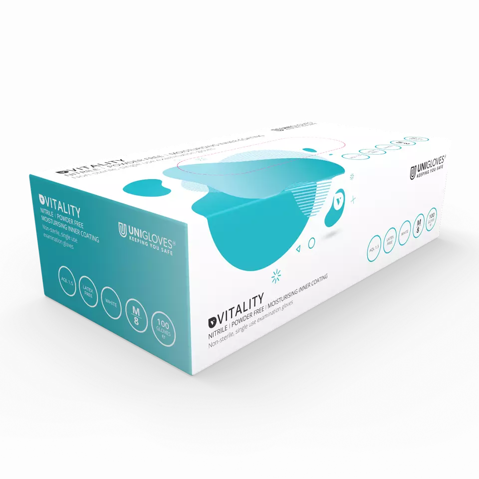 Unigloves GD003, Vitality Feuchtigkeitsspendende weiße Nitrilhandschuhe, image 1, gallery thumbnail