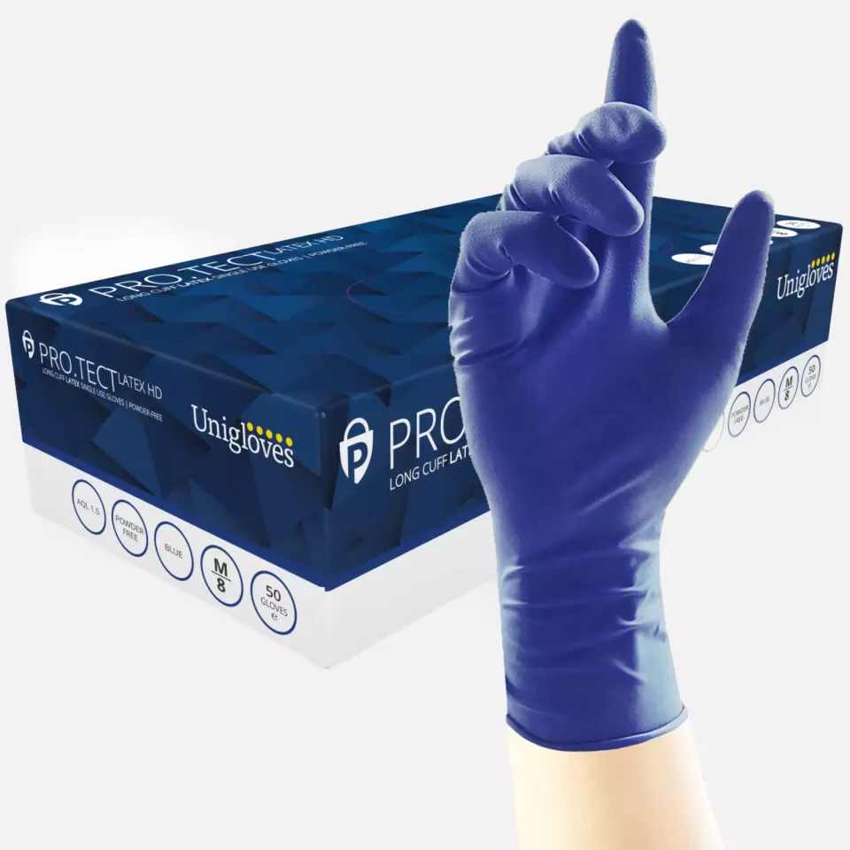 Unigloves GA001, PRO.TECT Heavy duty extended cuff blue latex gloves, image 1, gallery thumbnail
