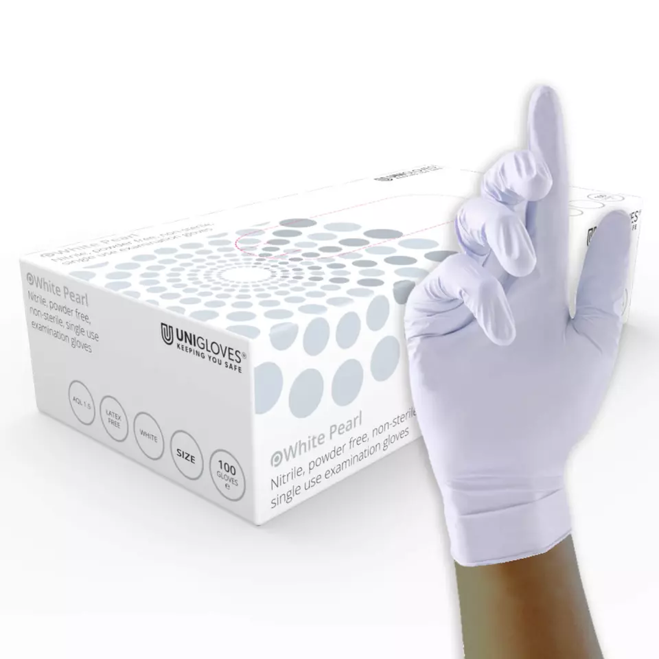 Unigloves GP002, Pearl White nitrile gloves, image 1, gallery thumbnail