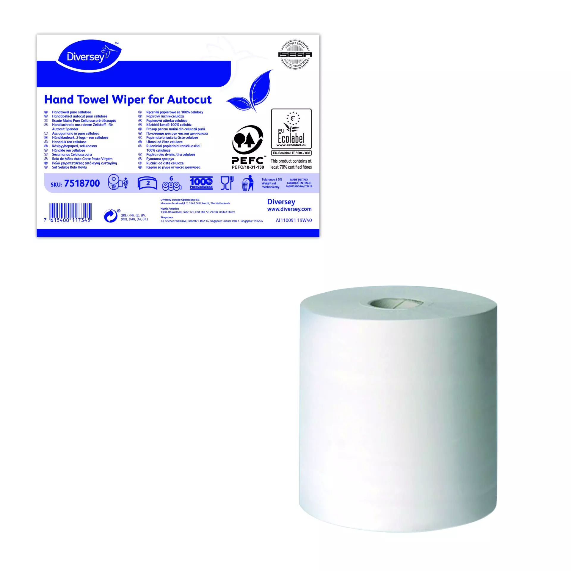 Diversey 7518700, Hand Towel Wiper Roll Autocut White 2-Ply, image 1