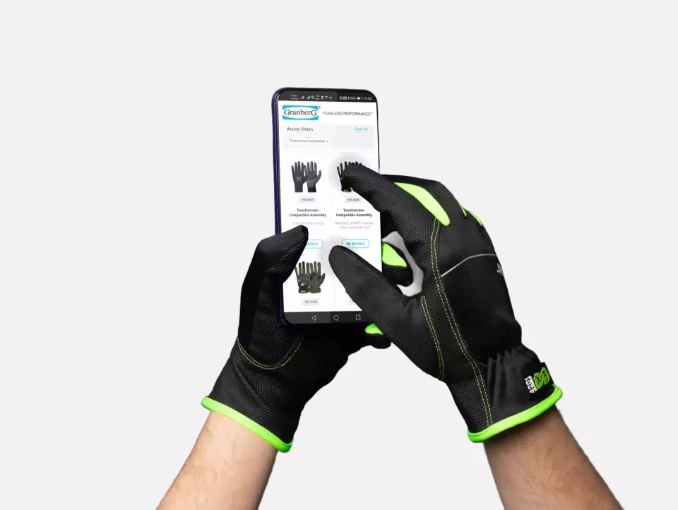 Granberg 107-4201, EX® Touchscreen Compatible Assembly gloves, Black/Green, image 2, gallery thumbnail