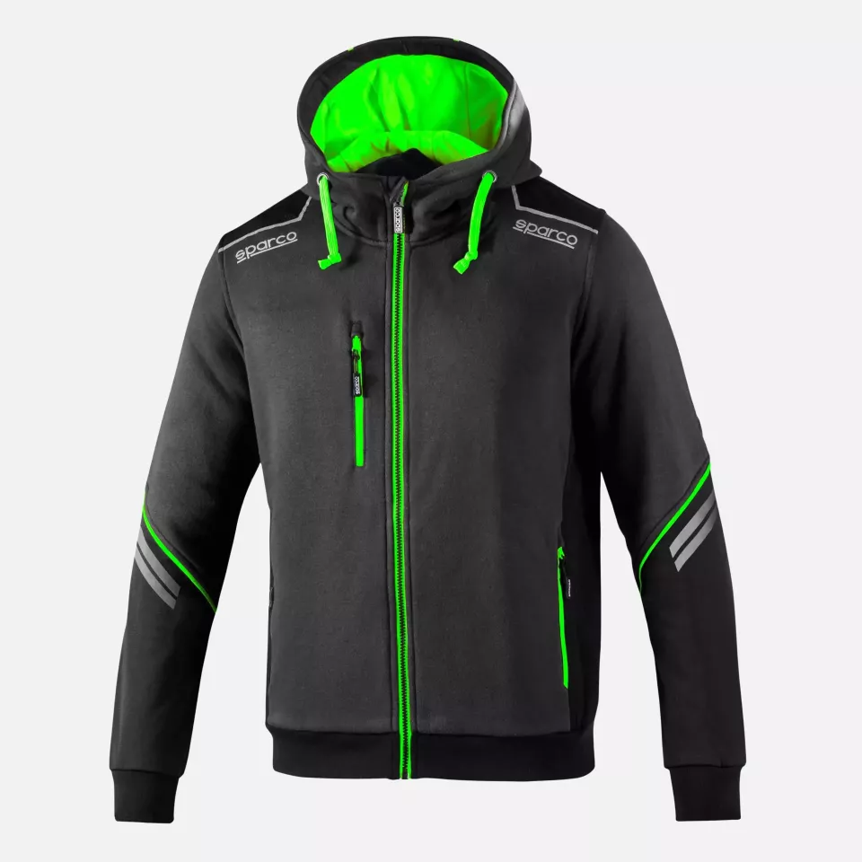 Sparco 02414-GSVF, Colorado Hooded Sweatshirt Full Zip, Grey/Fluorescent Green, image 1, gallery thumbnail