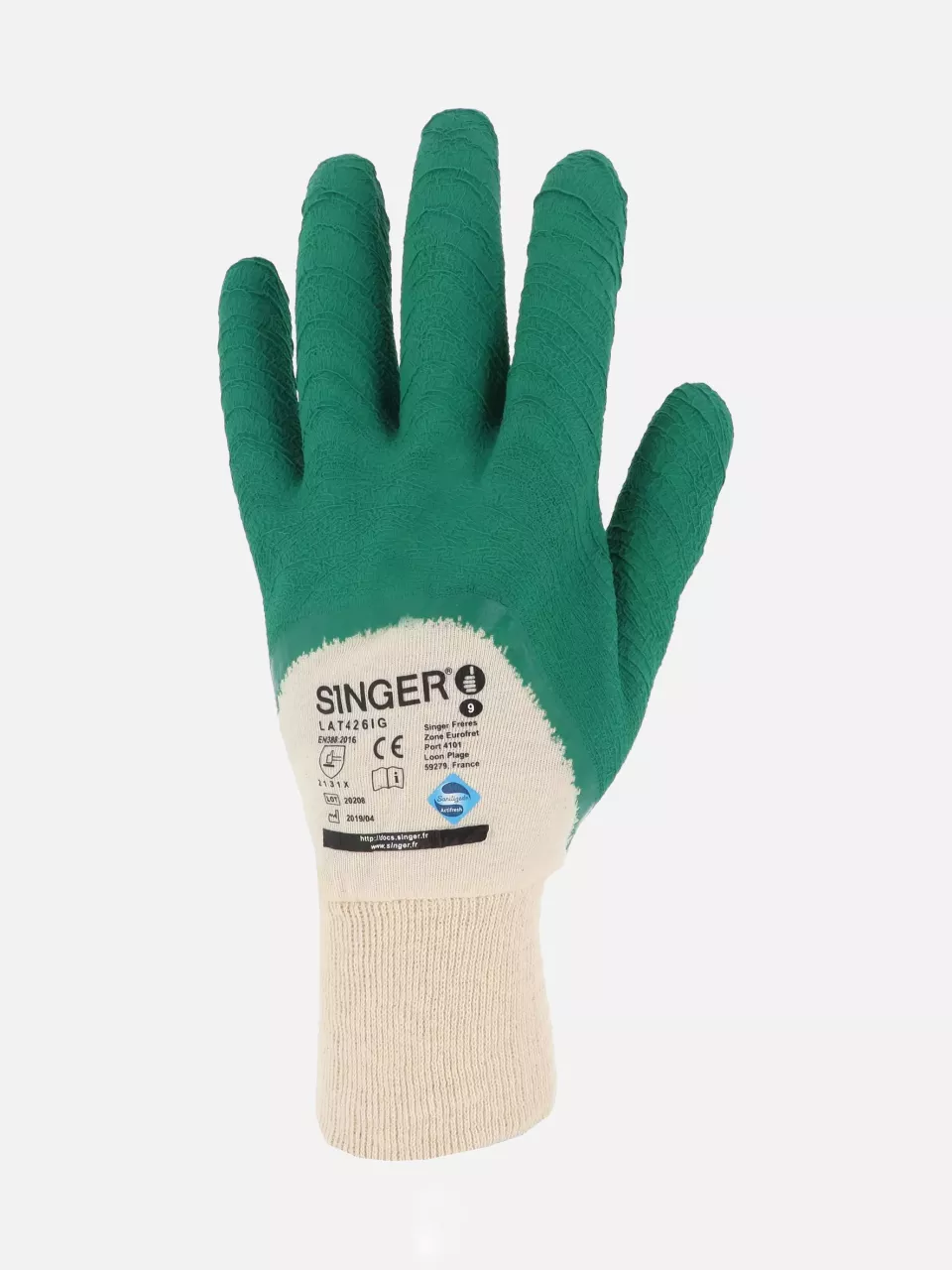 Singer Safety CLAT426IG, Latex Coated Gloves, Green, image 1, gallery thumbnail