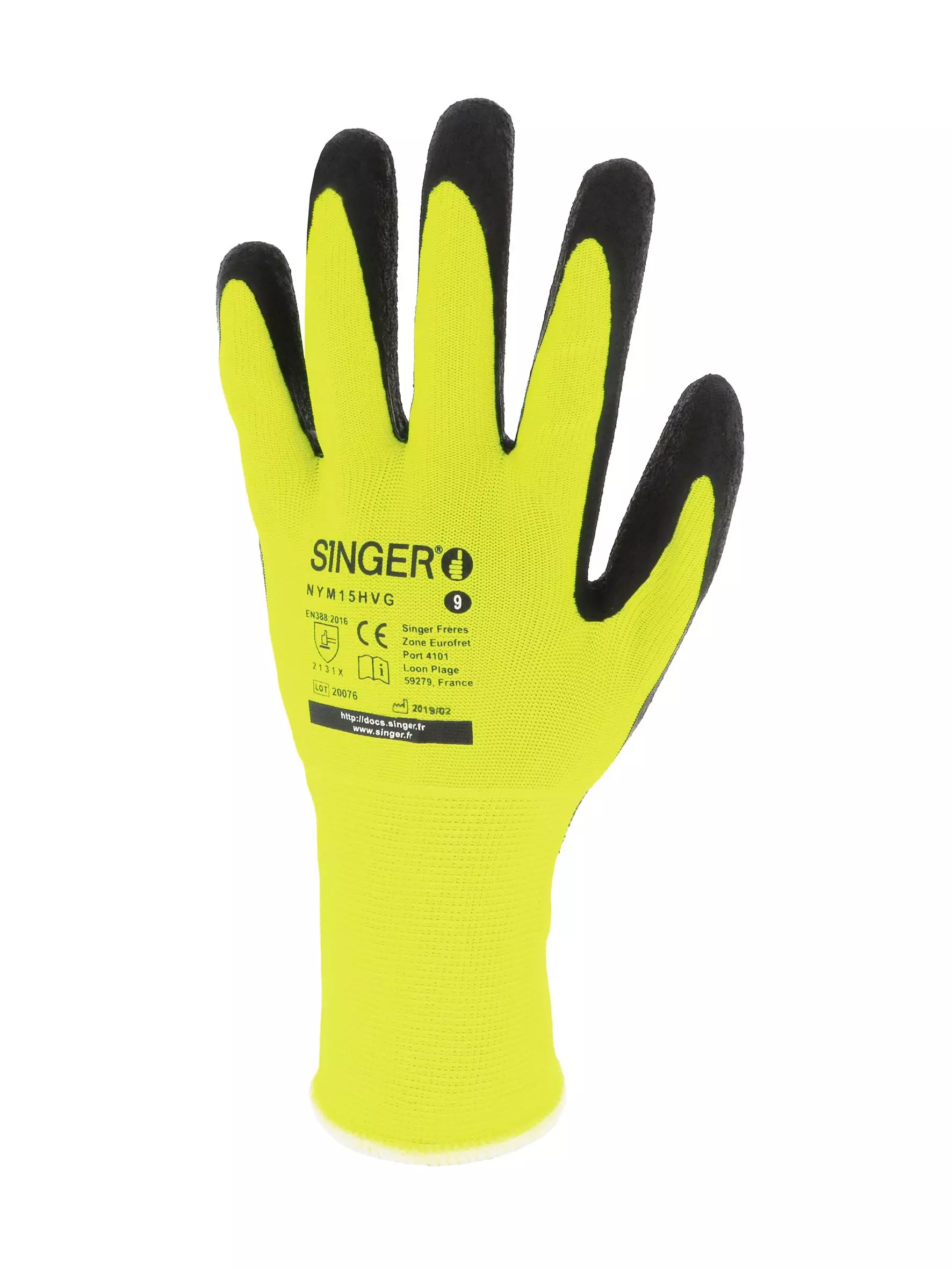 Singer Safety CNYM15HVG, Latex Coated Gloves, Yellow/Black, image 1