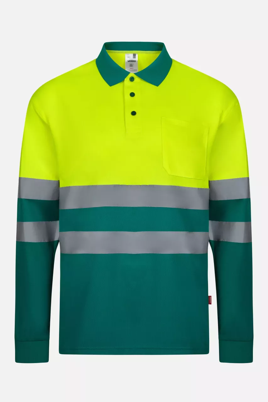Velilla 305507-02-20, High-Vis Long Sleeved Polo Shirt, Green/Hi-Vis Yellow, image 1, gallery thumbnail
