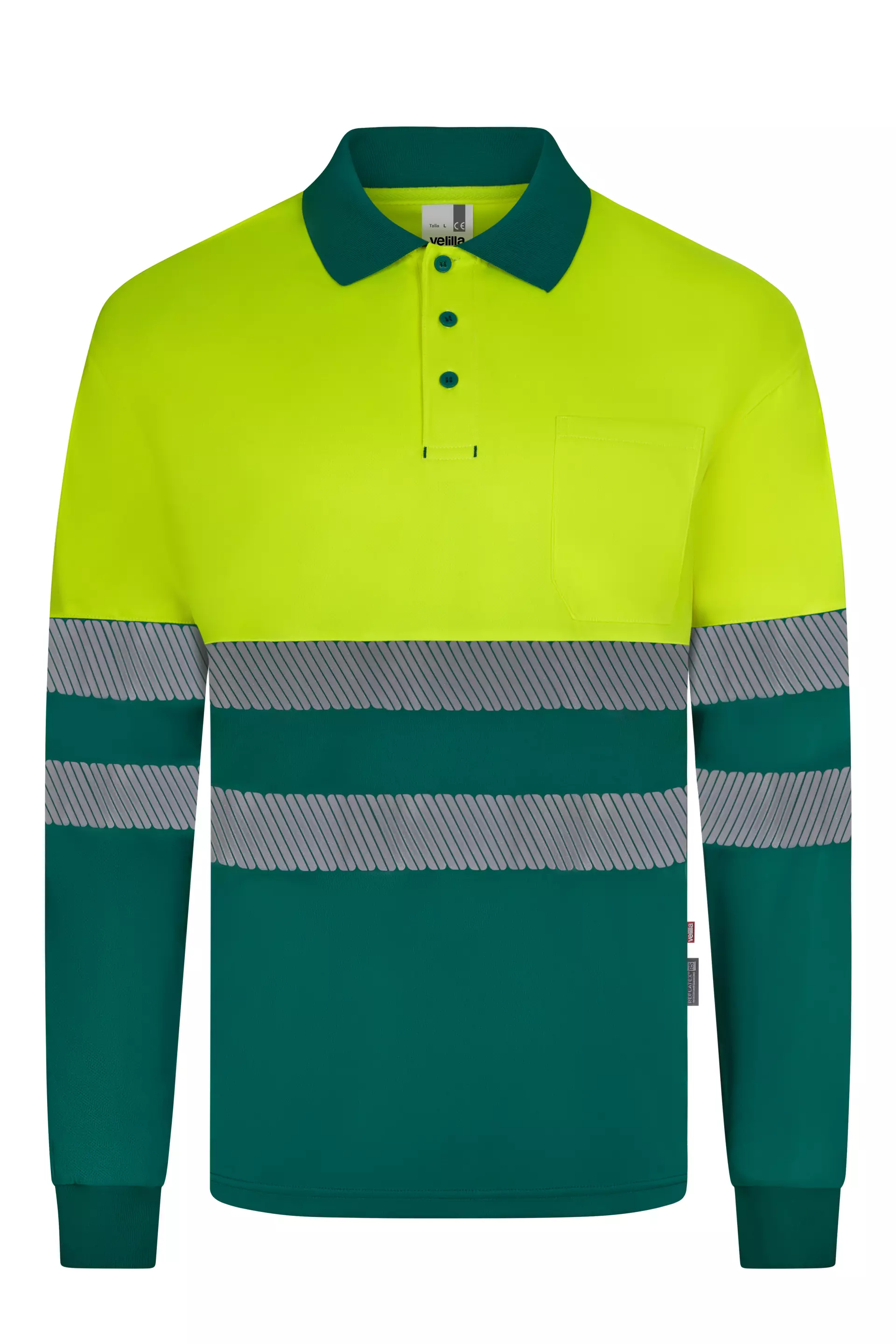 Velilla 305535-02-20, High-Vis Long Sleeved Polo Shirt, Green/Hi-Vis Yellow, image 1