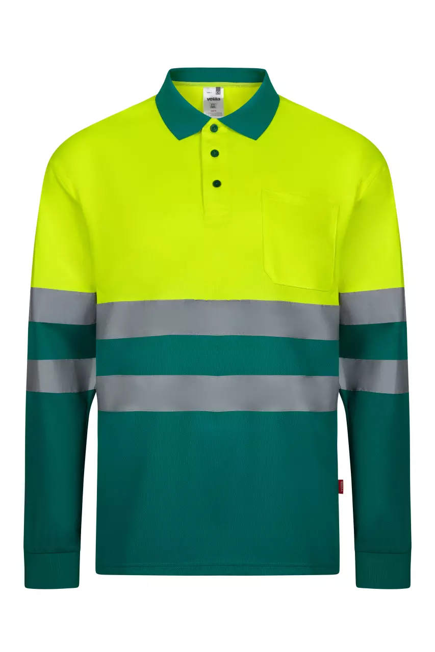 Velilla 305507-02-20, High-Vis Long Sleeved Polo Shirt, Green/Hi-Vis Yellow