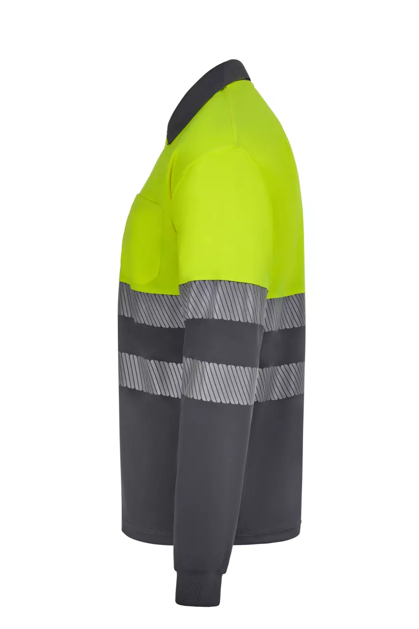 Velilla 305535-08-20, High-Vis Long Sleeved Polo Shirt, Grey/Hi-Vis Yellow, image 2, gallery thumbnail