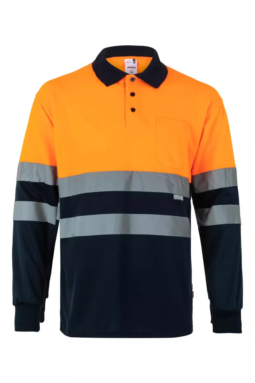 Velilla 0175-01-19-1, High-Vis Long Sleeved Polo Shirt, Marine Blue/Hi-Vis Orange, image 1, gallery thumbnail