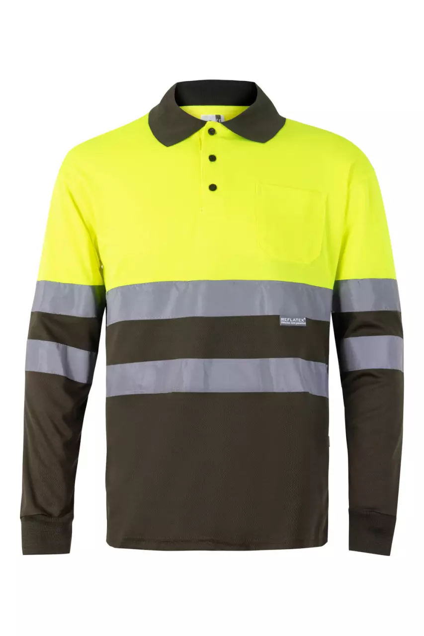 Velilla 0175-03-20, High-Vis Long Sleeved Polo Shirt, Khaki Green/Hi-Vis Yellow