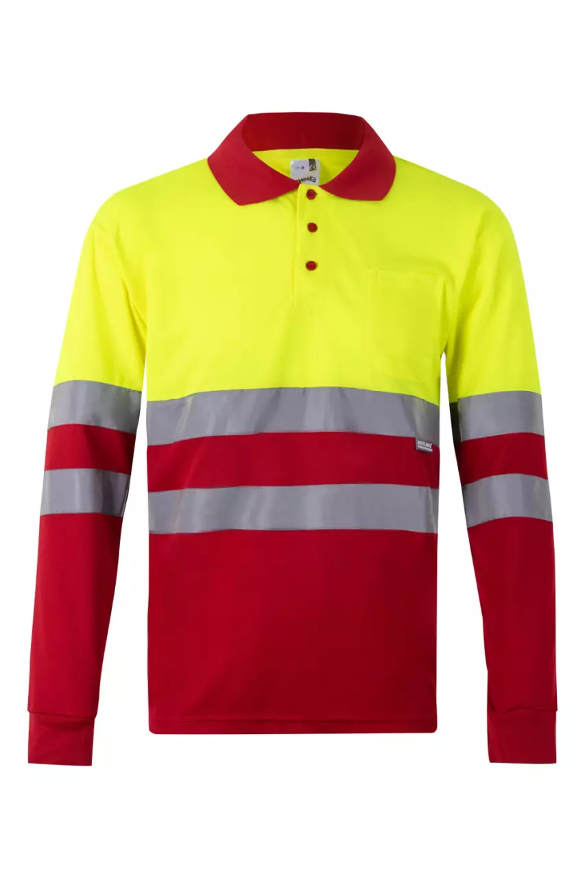 Velilla 0175-12-20, High-Vis Long Sleeved Polo Shirt, Red/Hi-Vis Yellow