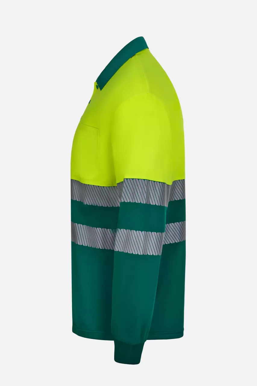 Velilla 305535-02-20-2, High-Vis Long Sleeved Polo Shirt, Size 4XL/5XL, Green/Hi-Vis Yellow, image 2, gallery thumbnail