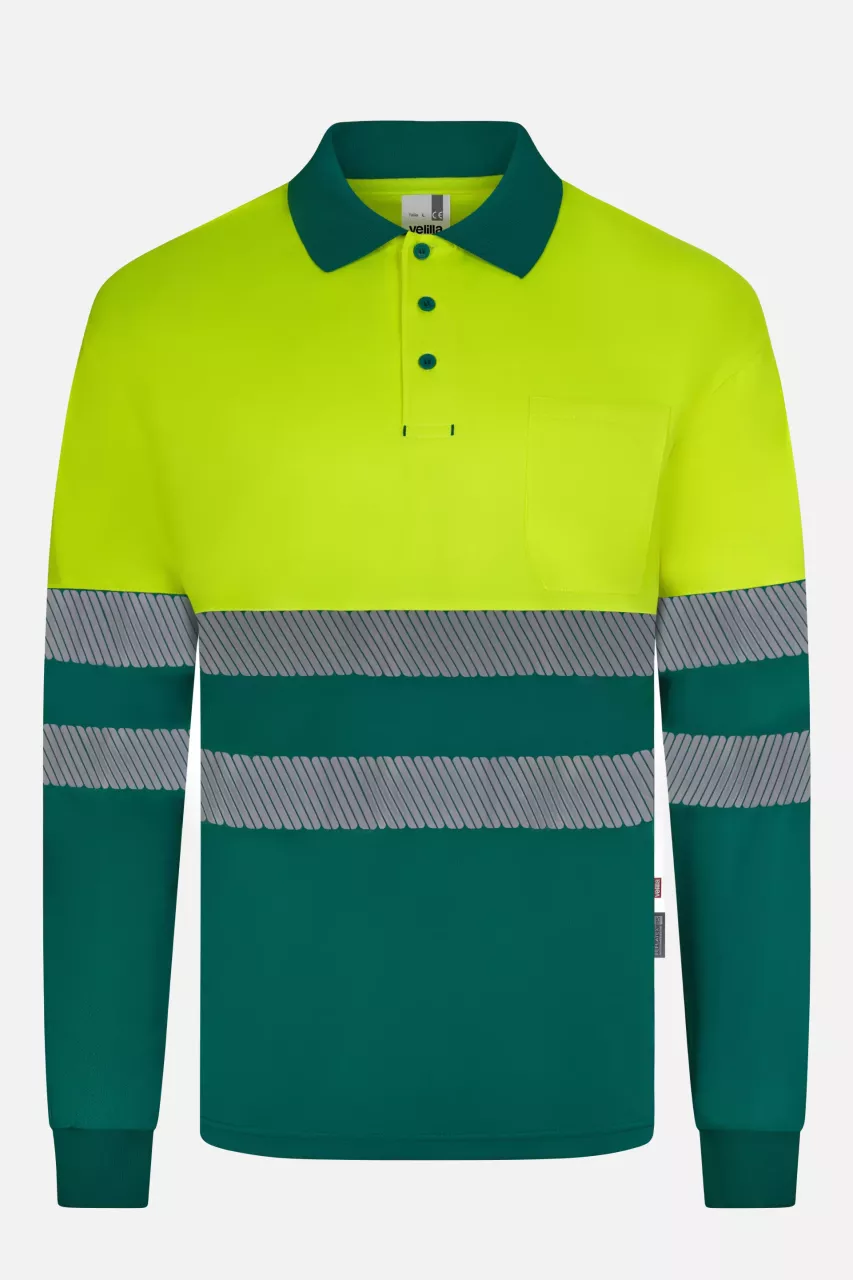 Velilla 305535-02-20, High-Vis Long Sleeved Polo Shirt, Green/Hi-Vis Yellow, image 1, gallery thumbnail