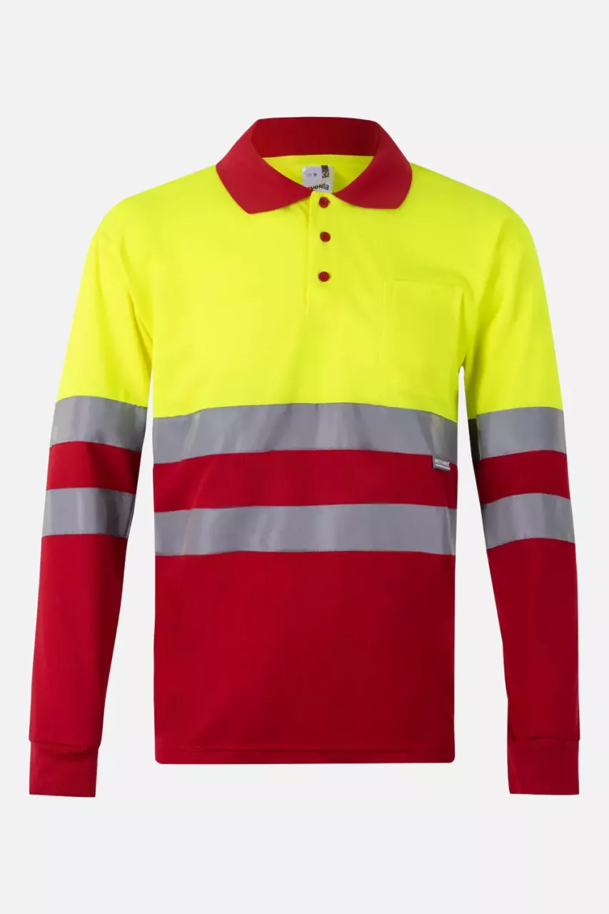 Velilla 0175-12-20, High-Vis Long Sleeved Polo Shirt, Red/Hi-Vis Yellow, image 1, gallery thumbnail