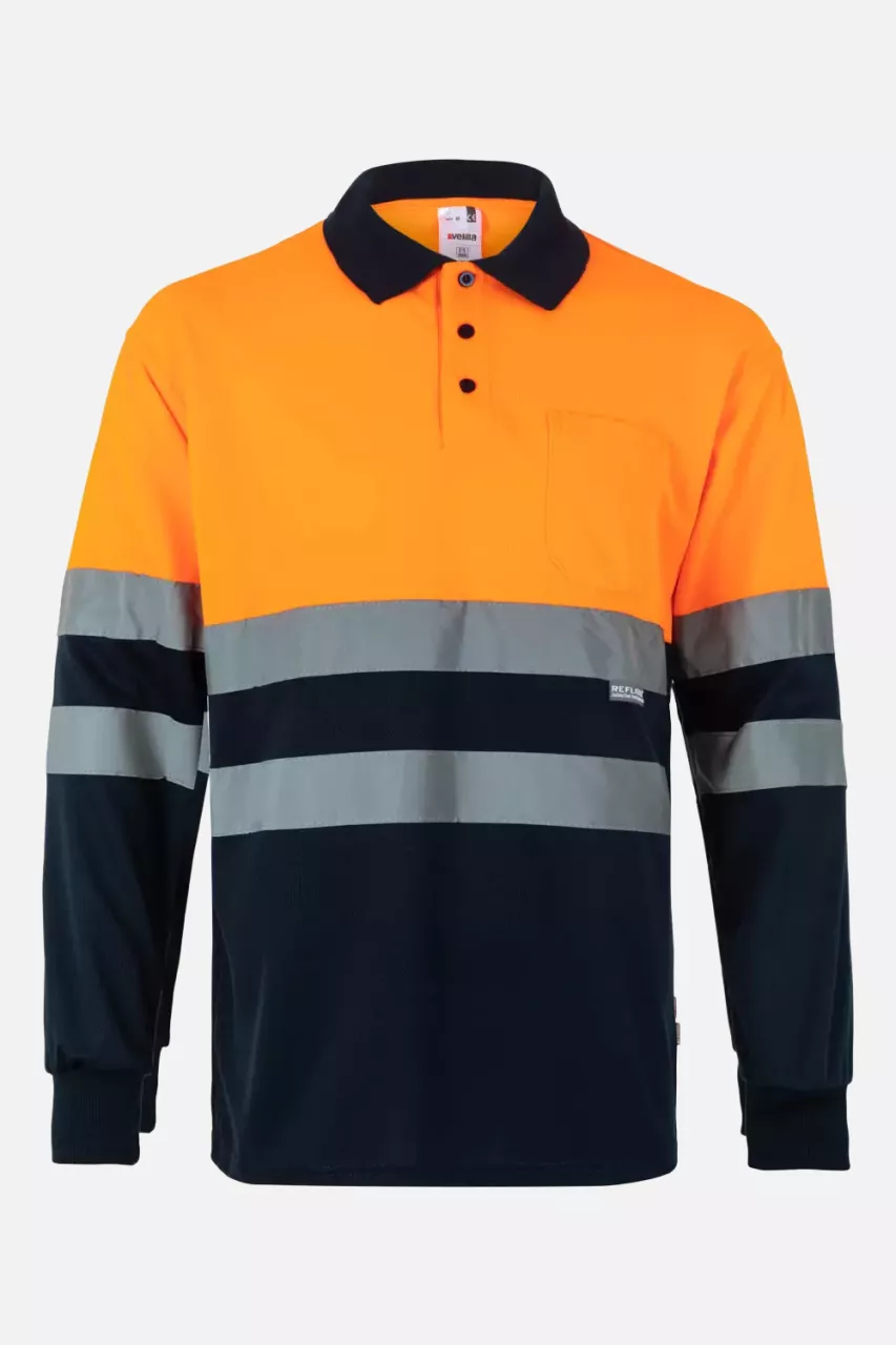 Velilla 0175-01-19, High-Vis Long Sleeved Polo Shirt, Marine Blue/Hi-Vis Orange, image 1, gallery thumbnail